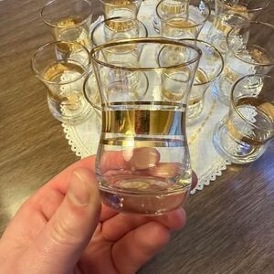 Set of 13 MCM Gold Rim and Stripe Pasabahce 3 oz shot glasses